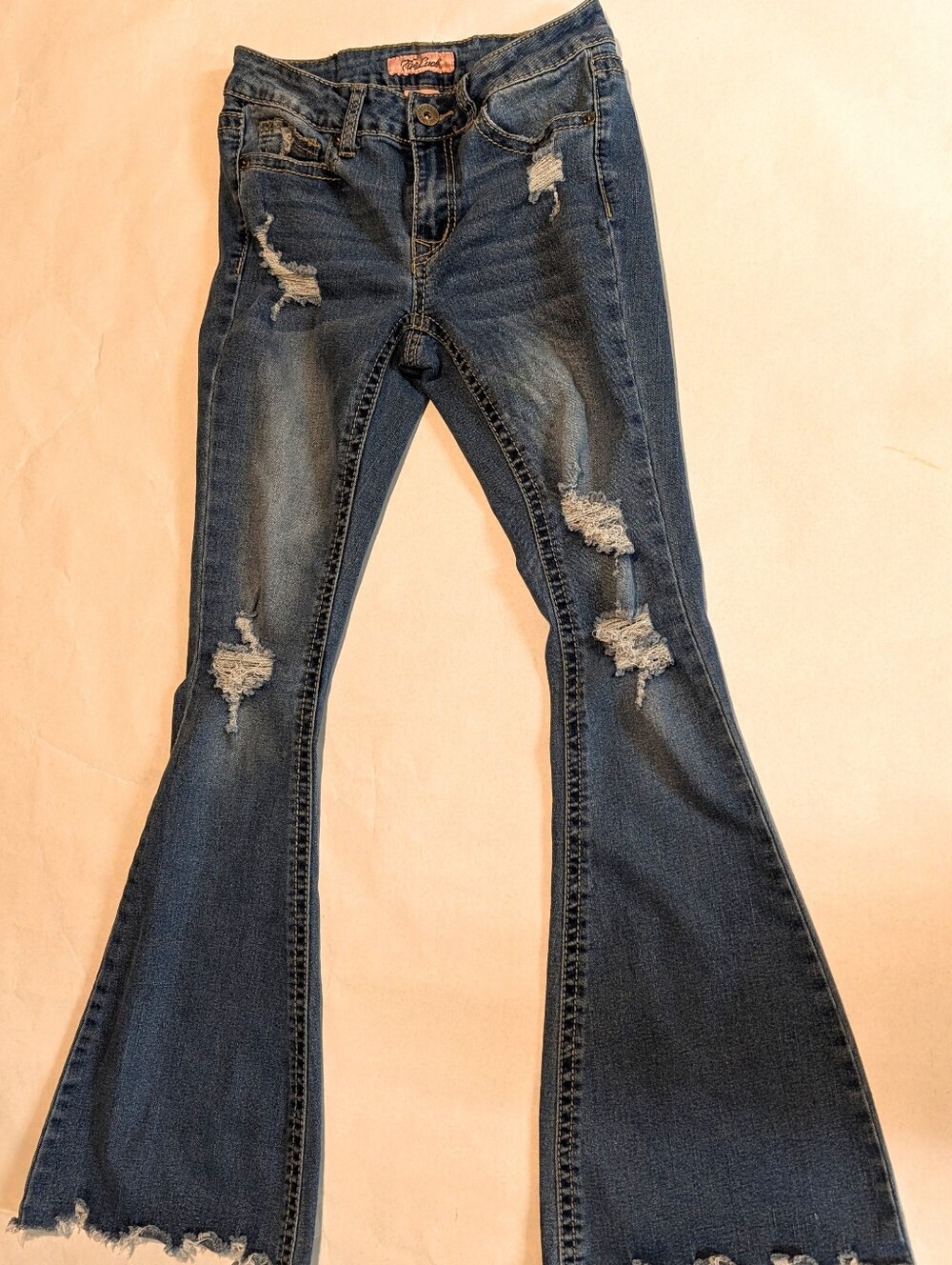 True Luck Women's Blue Distressed Flare Jeans Size 3/4 Frayed Hem Embroidered
